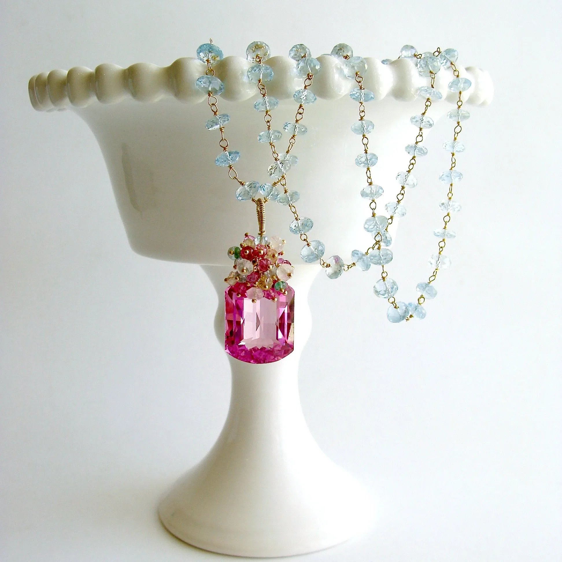 Blue Topaz Pink Topaz Cluster Necklace - Delphine II Necklace
