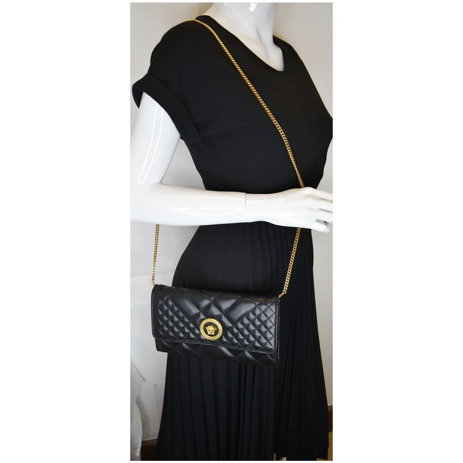 VERSACE Icon Quilted Leather Wallet on a Chain Crossbody Bag Black
